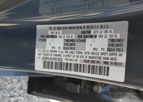 2023 Mazda 3 Preferred z USA, uszkodzony, nr VIN 3MZBPACMXPM374502